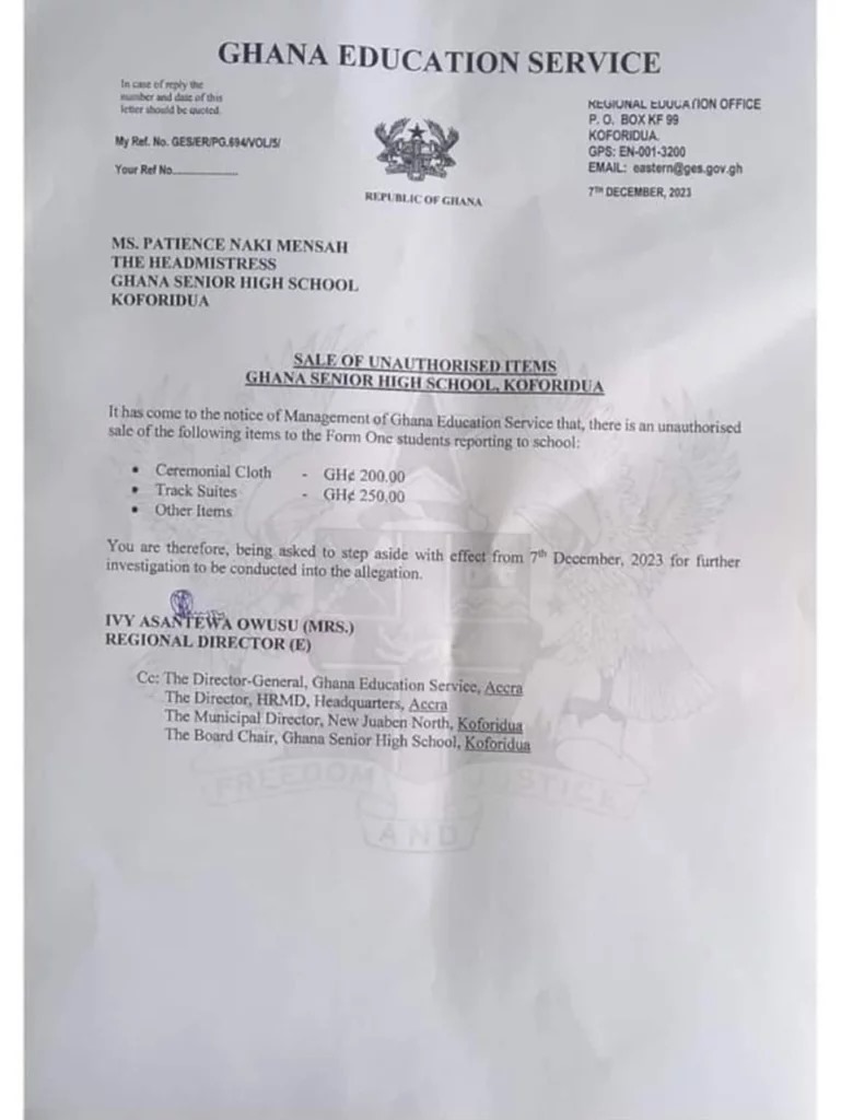 MAX NEWS: GES suspends GHANASS headmistress for allegedly selling ‘unauthorized’ items