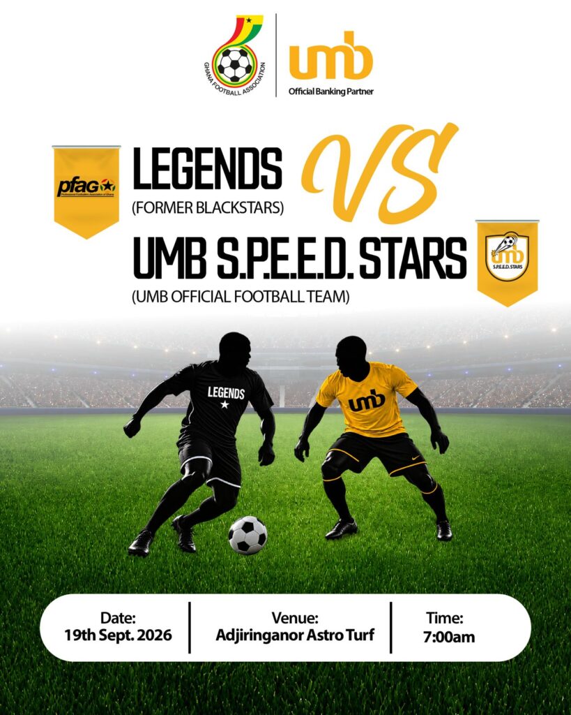 PFAG Legends, made up of former Black Stars players, will lock horns with the Universal Merchant Bank S.P.E.E.D Stars in a thrilling exhibition match at the Adjiringanor Astro Turf.